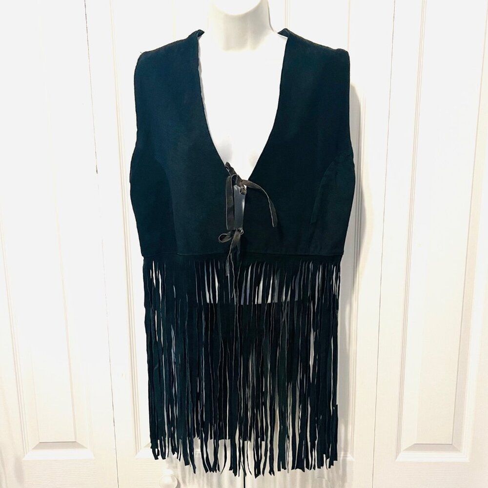 Learsi Women's Black Leather Suede Fringed Moto Vest-Sz. Large-Tie Closure-